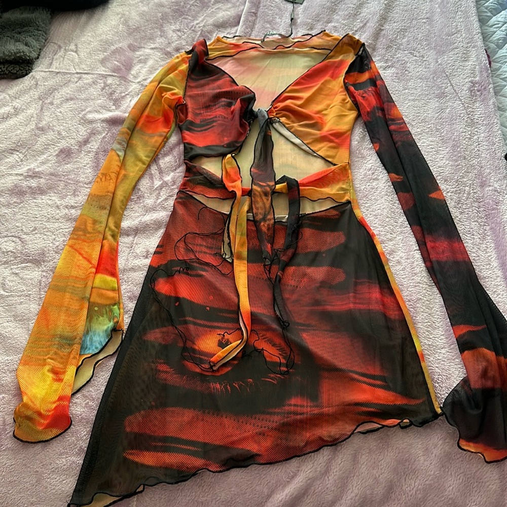 Jaded London Abstract Print Tie Mesh Dress